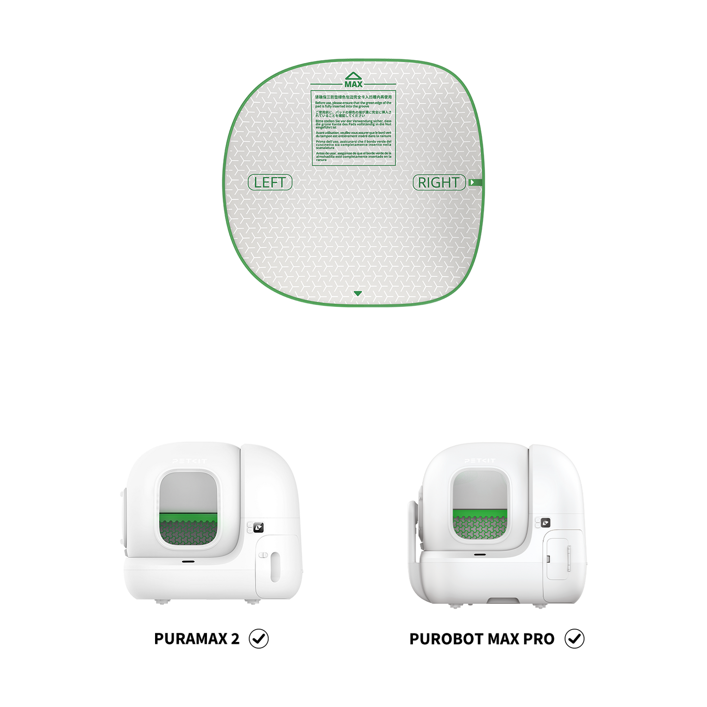 Compatible litter boxes: PURAMAX 2 and PUROBOT Max Pro shown side by side.